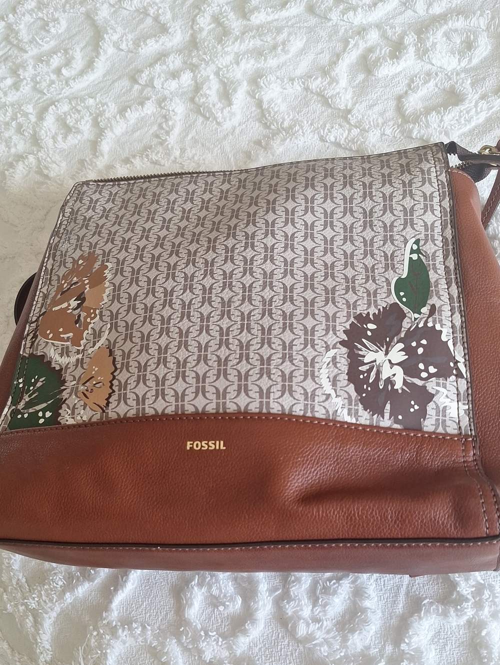 Fossil Brown Leather Crossbody with Floral-Print Flap